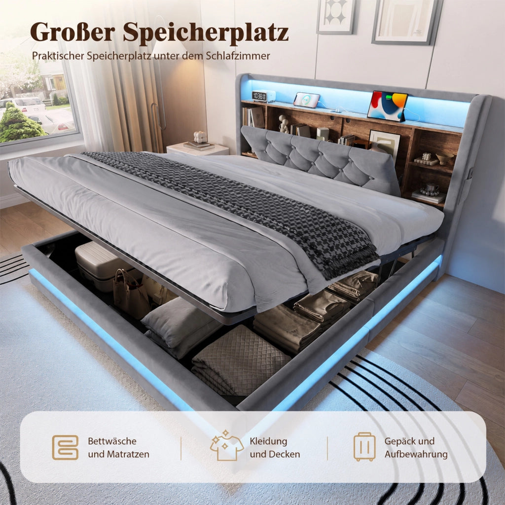 LETTO Contenitore 140x200 cm in velluto grigio con testiera multifunzione