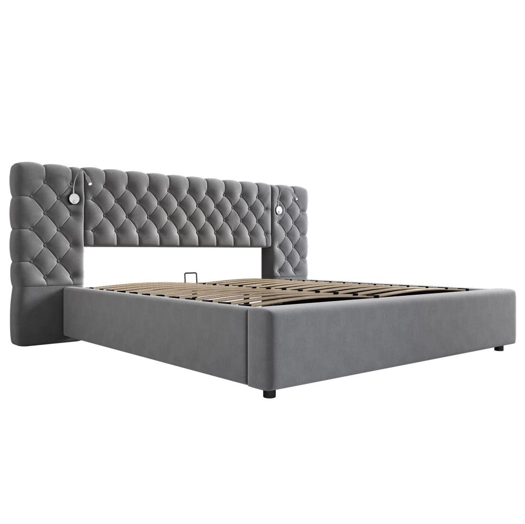 Letto matrimoniale 160x200 cm in velluto grigio con testiera imbottita; luce da lettura e contenitore