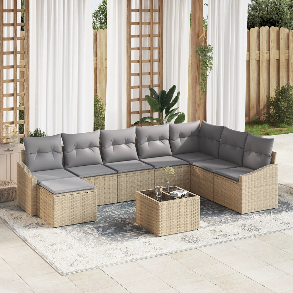 Set da Pranzo da Giardino da 9 Pezzi con Cuscini Neri in Polyrattan