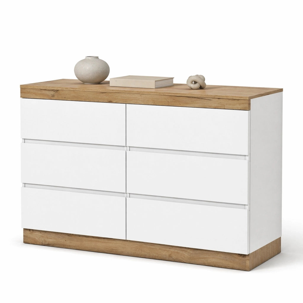 Cassettiera a 6 cassetti bianco e rovere, in truciolare E1, design classico con ampio spazio contenitivo