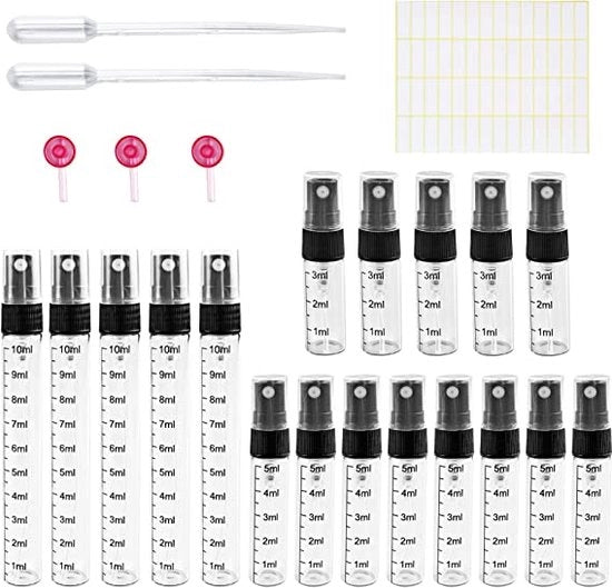 Bottiglia Spray - Bottiglia Spray a Nebbia / Bottiglie a Rotolamento Riciclabili - Per Pulizie, Profumi, Oli Essenziali – Dimensione di Viaggio 18pz (Nero, 2ml/5ml/10ml)
