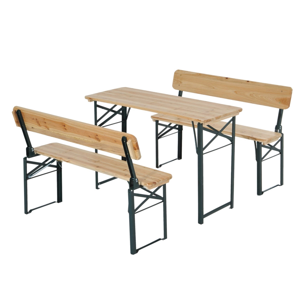 Set Birreria da Esterno Tavolo e 2 Panche con Schienale Pieghevoli in Legno di Abete