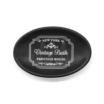 Set bagno completo con 4 pezzi in ceramica nera con stampe bianche vintage