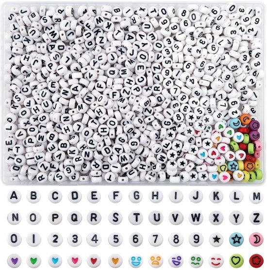 Letterkralen 1000 Stuks - Witte/Zwarte - Acryl - 4 x 7 mm - Per Sieradi - Inchiostro Duro - Fori 1 mm - Sieradenkralen