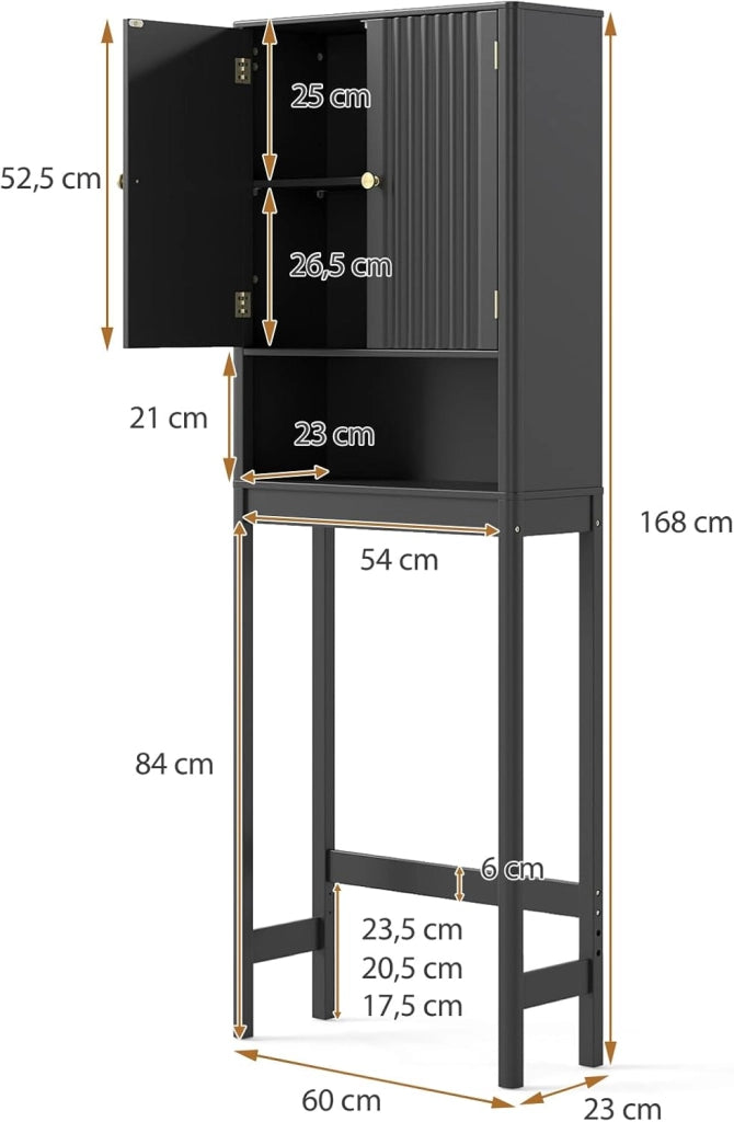 Mensola WC con ripiani regolabili, armadietto WC con 2 ante e ripiano aperto, 60 × 23 × 168 cm, salvaspazio per bagno e lavanderia (nero)