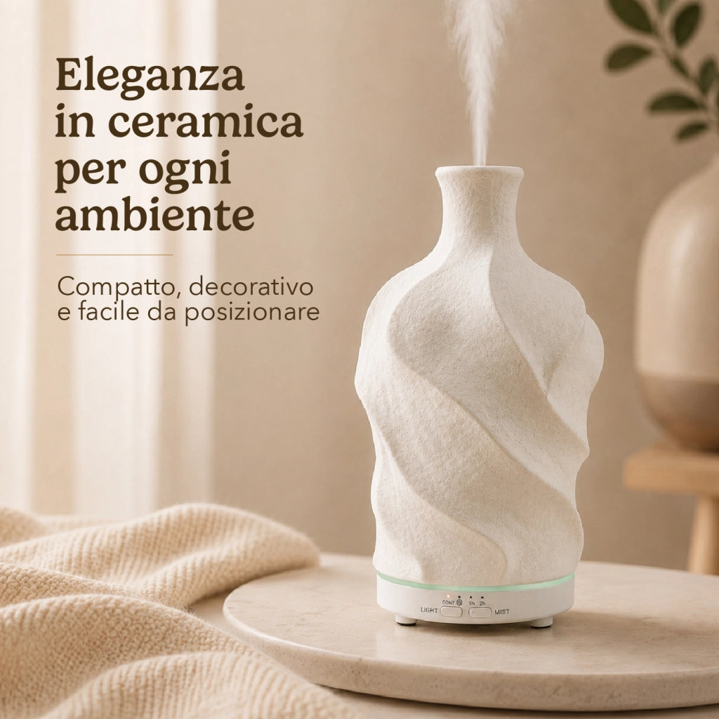 Diffusore di Aromi 80 ml in Ceramica con Luce LED 7 Colori, Umidificatore per Oli Essenziali con Timer 1/2 Ore, Alimentazione USB-C 5V, Design Compatto Bianco
