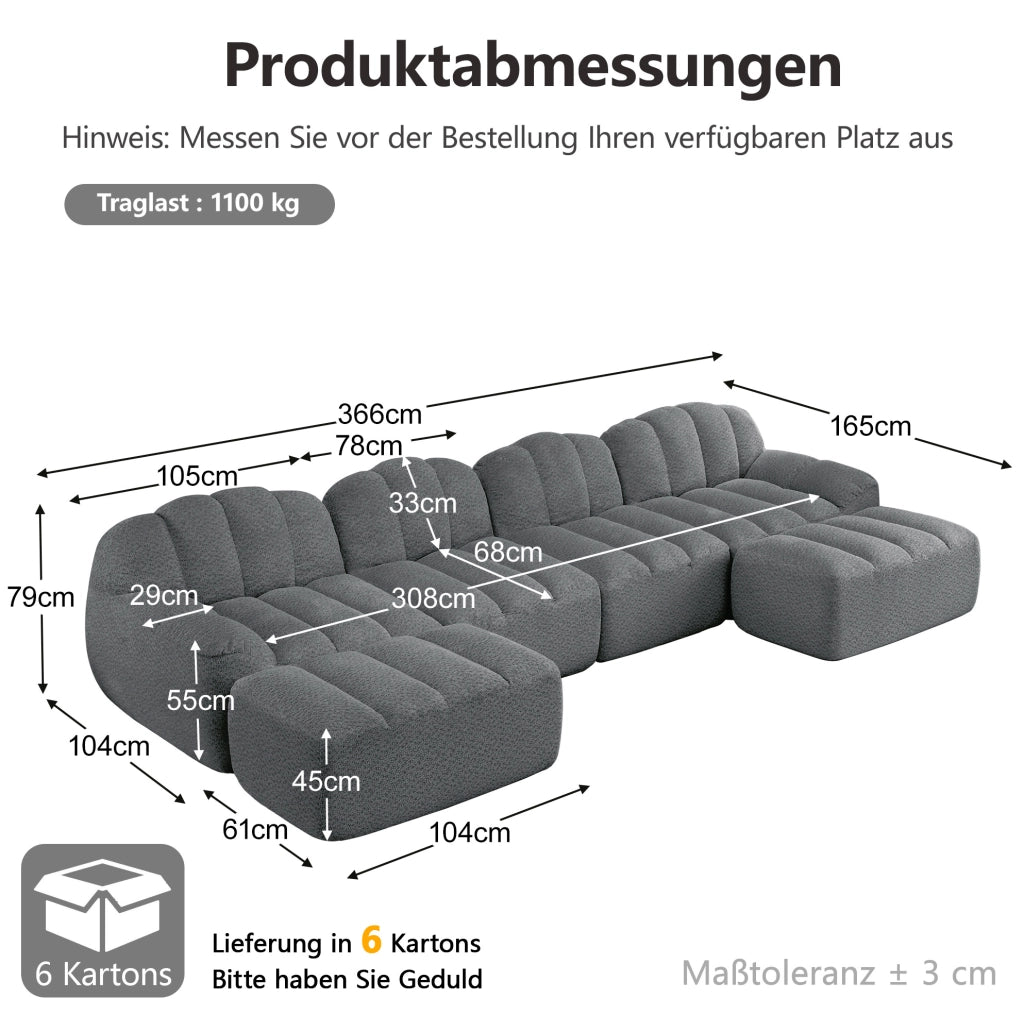 Divano modulare 4 posti con ottomana; forma ergonomica senza struttura 366x165x79 cm in fleece granulare grigio