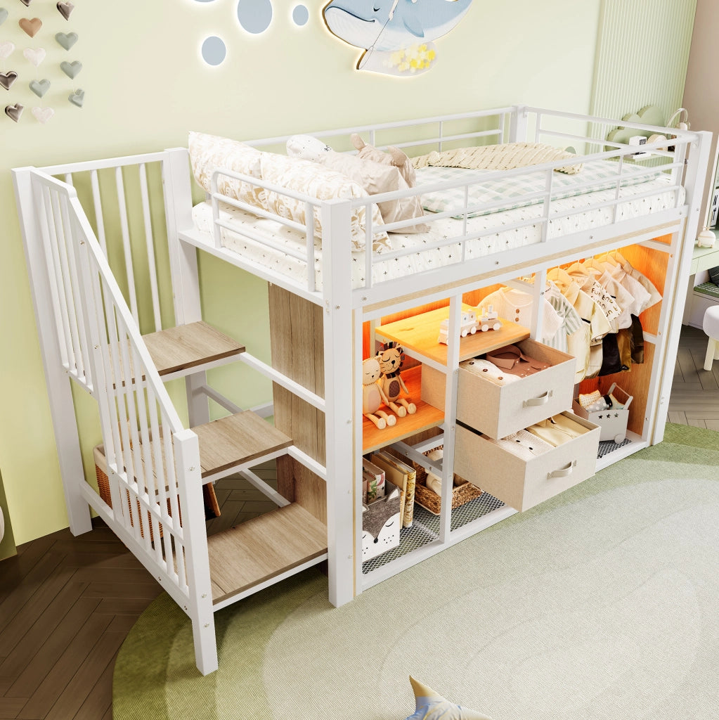Letto semi-alto 90x200 cm con armadio aperto e LED