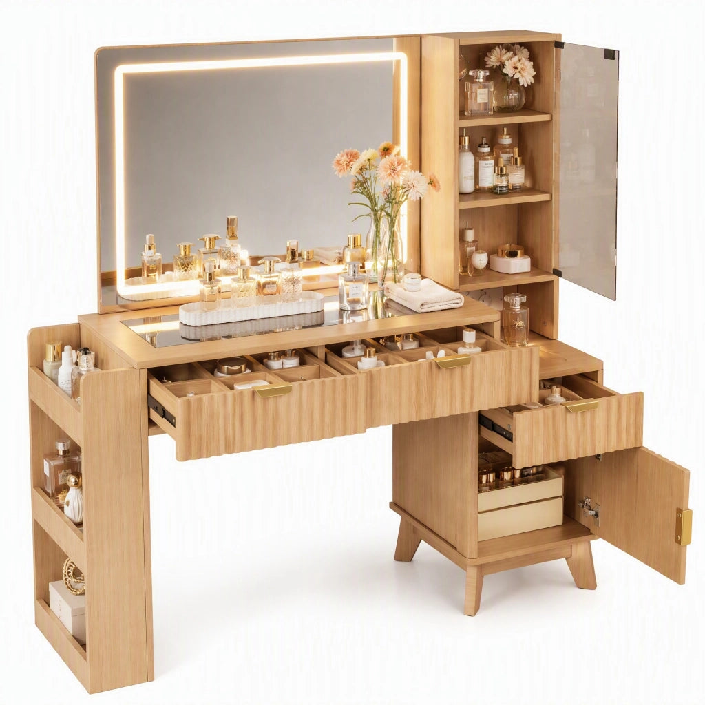 Toeletta con specchio LED; 3 cassetti e vano laterale - in MDF e truciolare - 133×40×136 cm - naturale