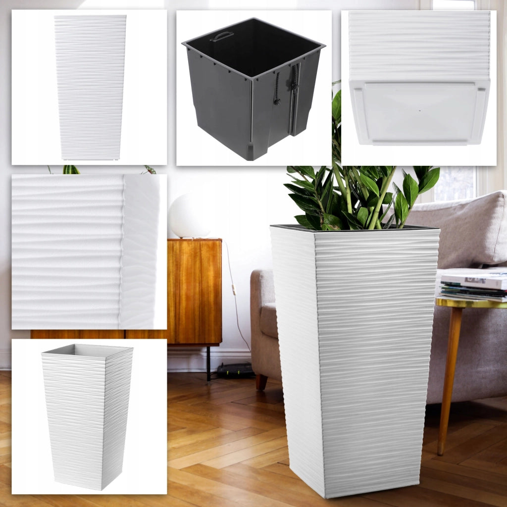 Set di 3 vasi da fiori KADAX, vasi da giardino + inserti, alti, grandi, bianchi, 47+57+68 cm