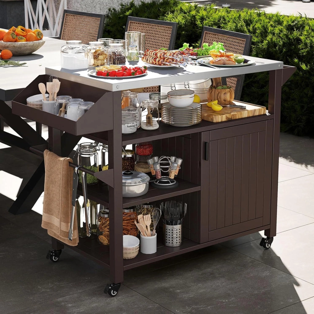 Carrello Barbecue a 3 Ripiani, Carrello per Grigliare in Metallo, Carrello da Pranzo per BBQ, Campeggio, Festa, con Piano in Acciaio Inox, Scaffali, Porta Spezie e Porta Asciugamani, Marrone