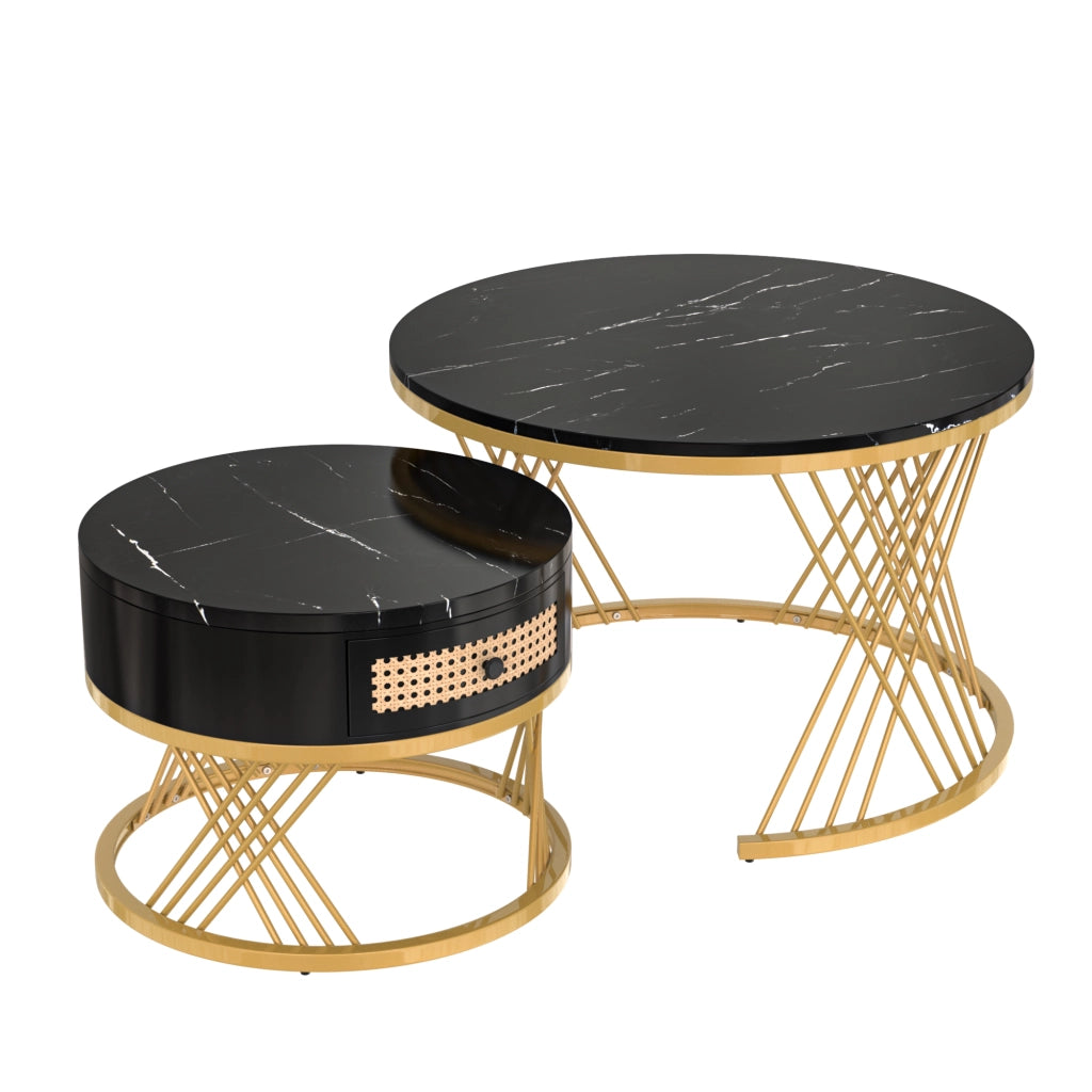 Tavolini da Caffè Impilabili Rotondi con 1 Cassetto; Piano Effetto Marmo; Stile Lusso Leggero; in MDF; Nero; 70×70×45;5 cm