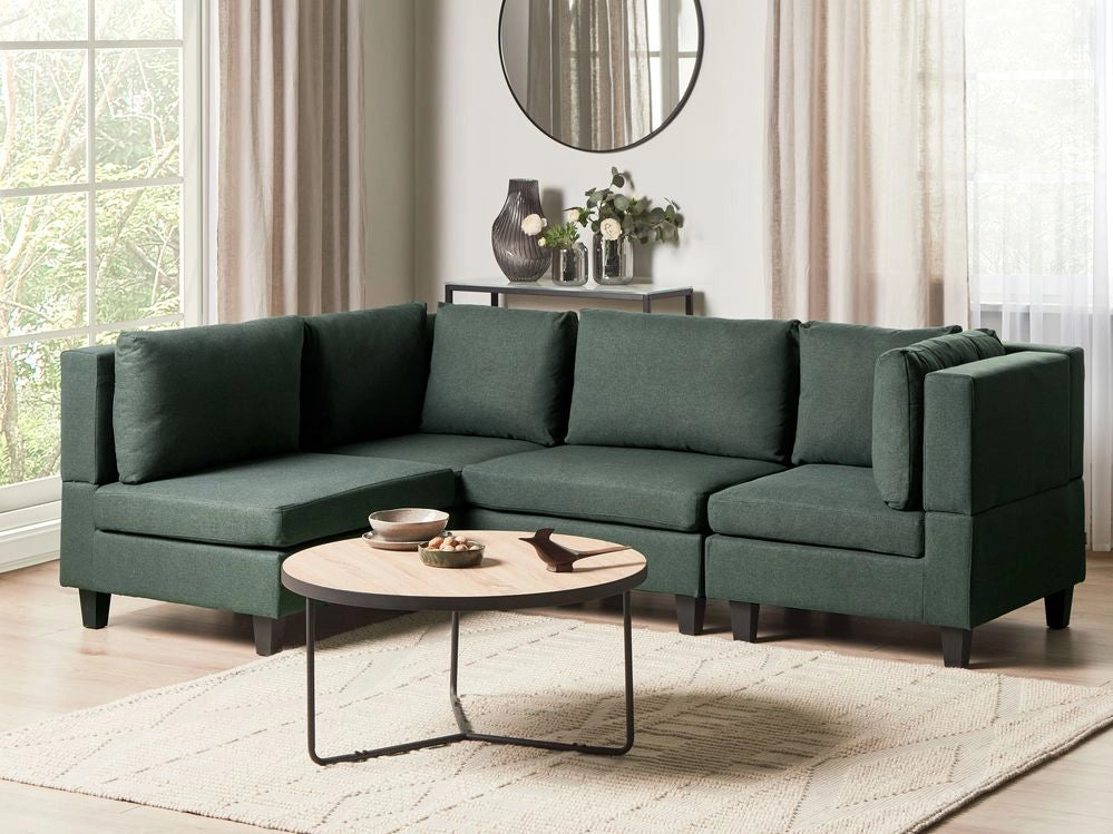 Divano componibile a 4 posti imbottito in tessuto verde scuro gambe nere lato destro con ottomana stile moderno