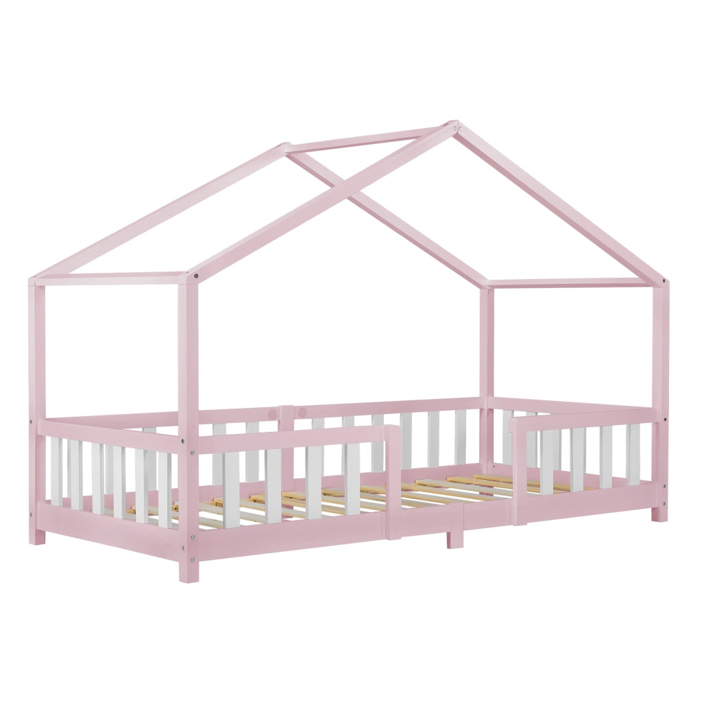 Letto per Cameretta Treviolo a Forma di Casetta in Stile Montessori 90x200 cm Rosa/Bianco [en.casa]