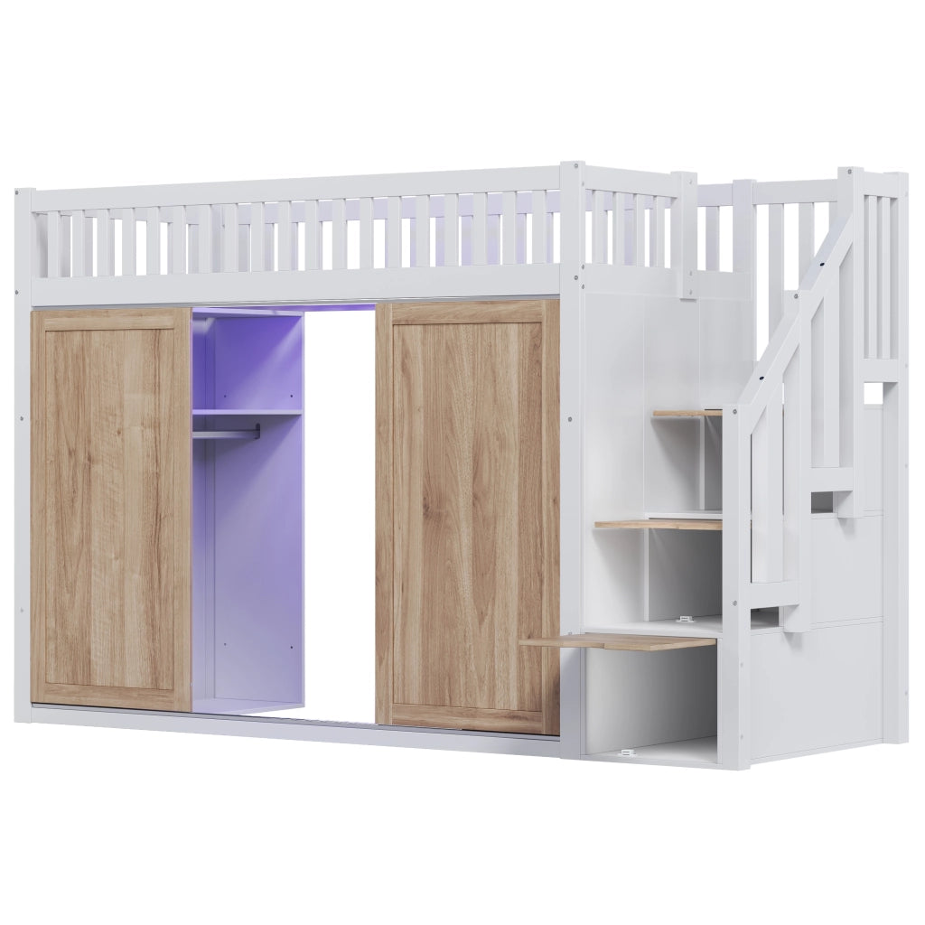 Letto a Soppalco Multifunzionale ¨C MINIMAL ¨C Bianco/Rovere, con Armadio, LED, 90x200
