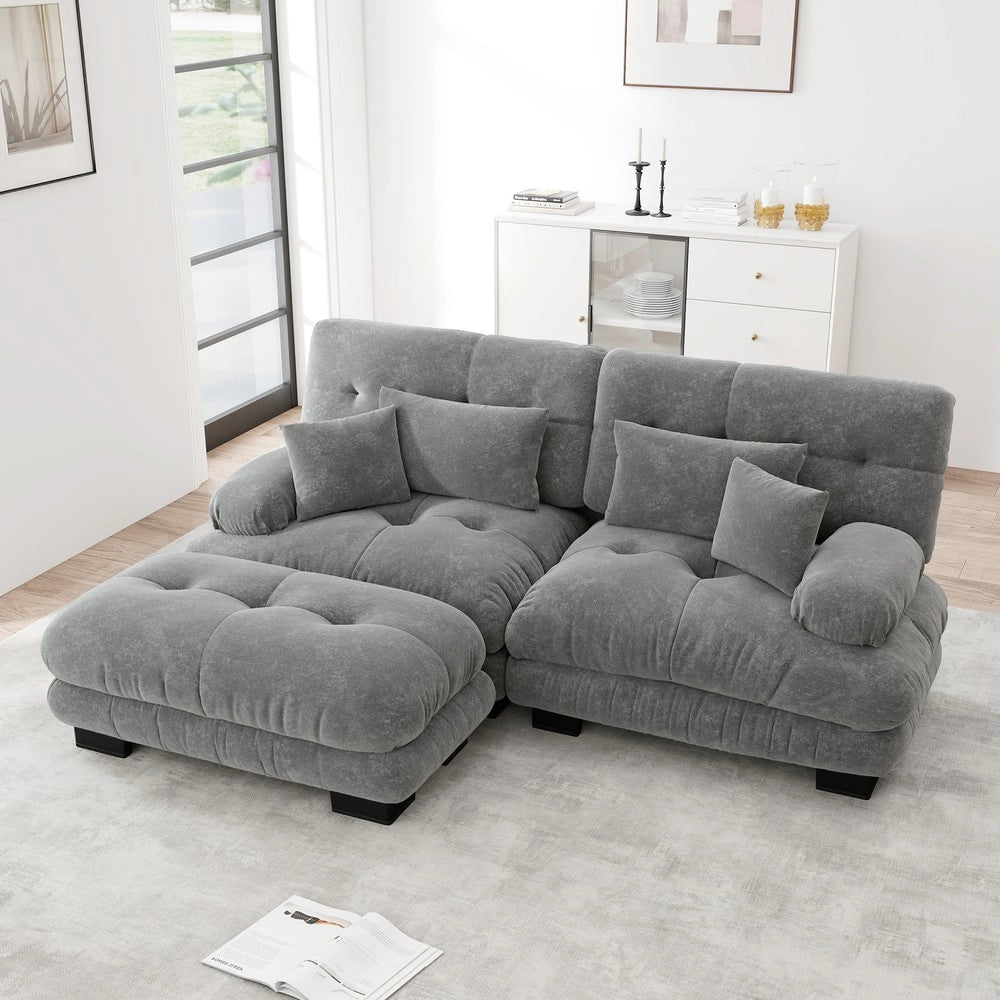 Divano angolare 2 posti con poggiapiedi ¨C Minimal ¨C grigio chenille imbottito con braccioli e cuscini