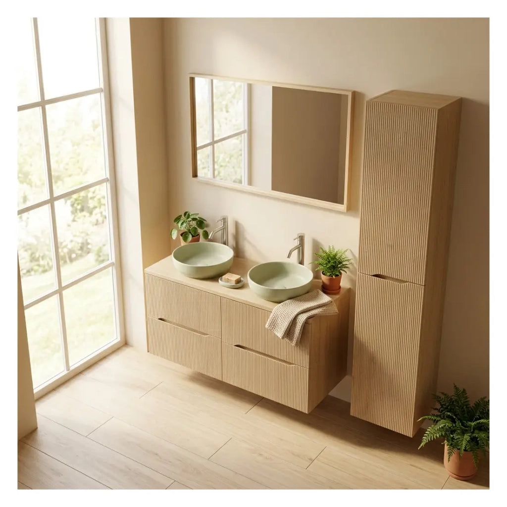 Insieme NATURA 155cm : mobile sottolavabo 60cm + piano per lavabo + lavabi da appoggio rotondi verdi + colonna