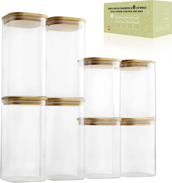 Set di contenitori in plastica con coperchio in bambù quadrato - in 2 misure: 1150 ml; 1580 ml - Set da 8 pezzi