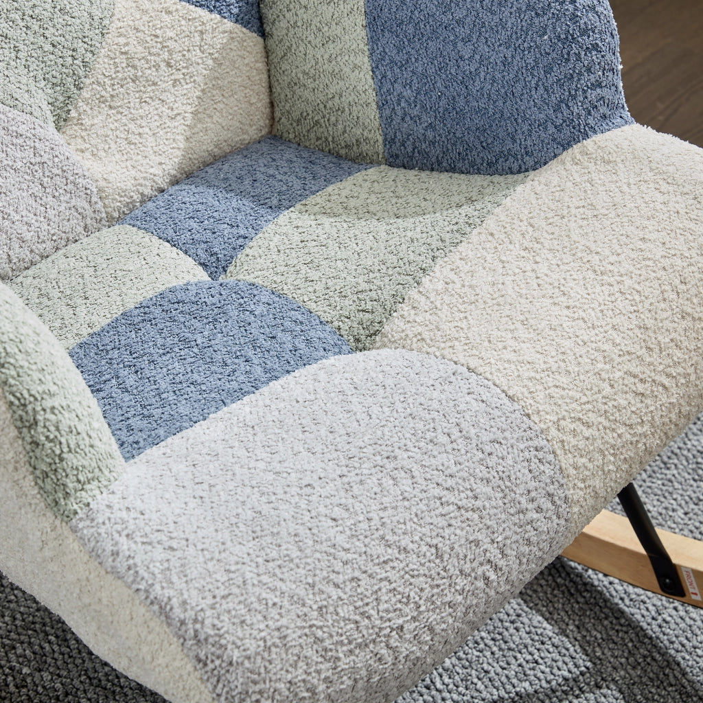 Poltrona a dondolo con pouf e schienale rimovibile in tessuto con struttura in ferro beige e blu 122 × 68 × 91 cm