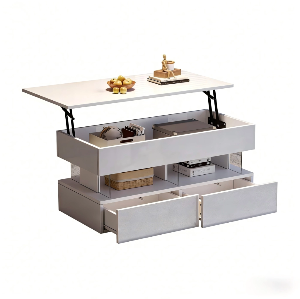 Tavolino da salotto sollevabile 100 x 50 x 46 cm bianco con 2 cassetti e LED