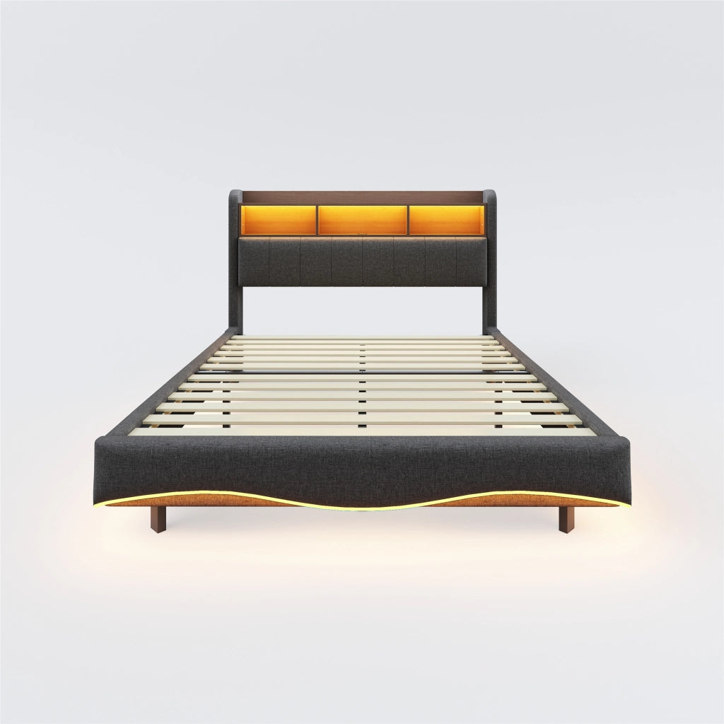 DESMIU Letto matrimoniale 140 × 200 cm 2 posti con LED, USB, Type-C e contenitore, senza materasso, grigio