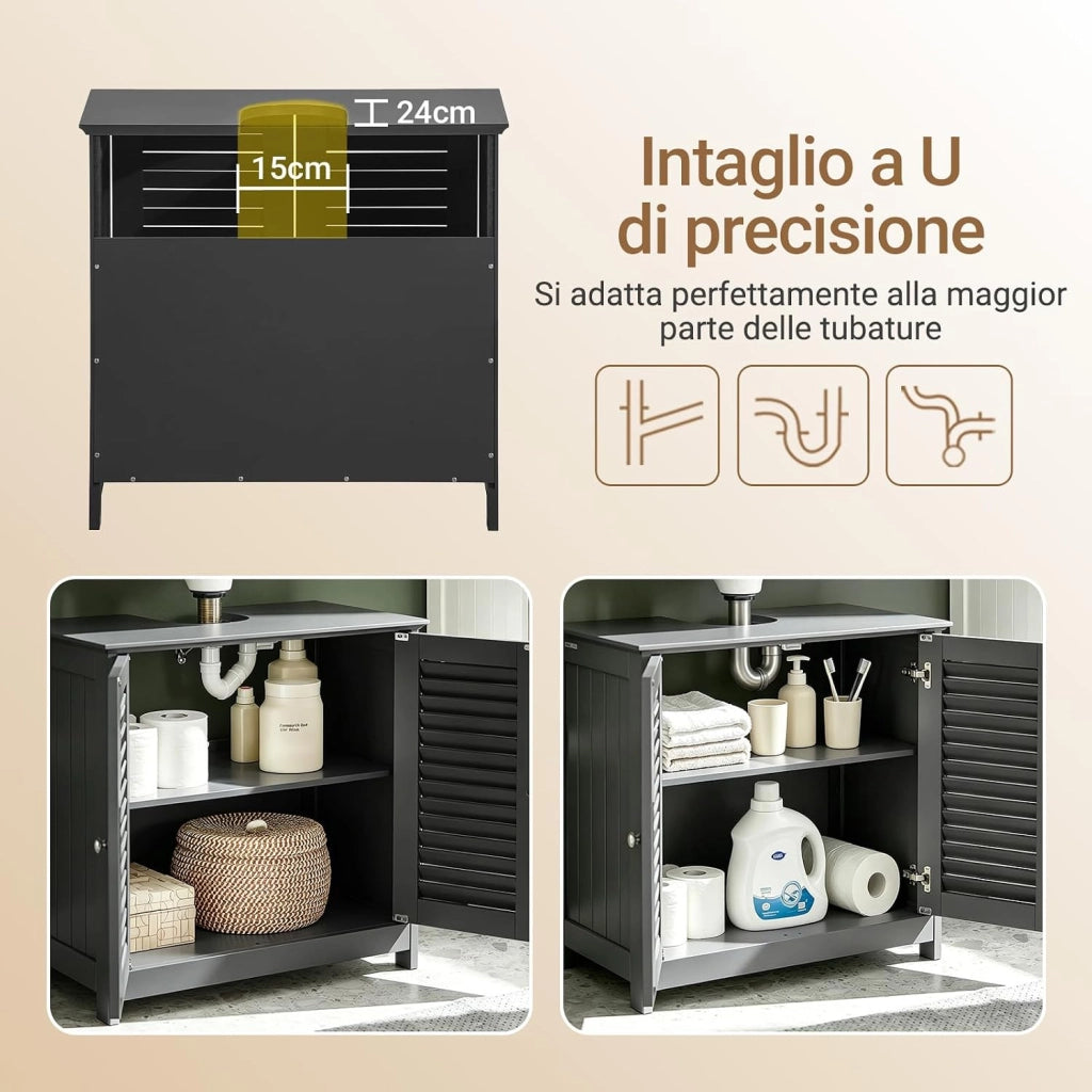 Mobile Bagno Sottolavabo - Mobiletto Bagno Salvaspazio con Mensole Regolabili, Mobile Lavabo in MDF, Antimuffa con Porta a Lamelle, per lavabo a muro, Grigio Scuro, 60x58x35cm, FRG237-DG