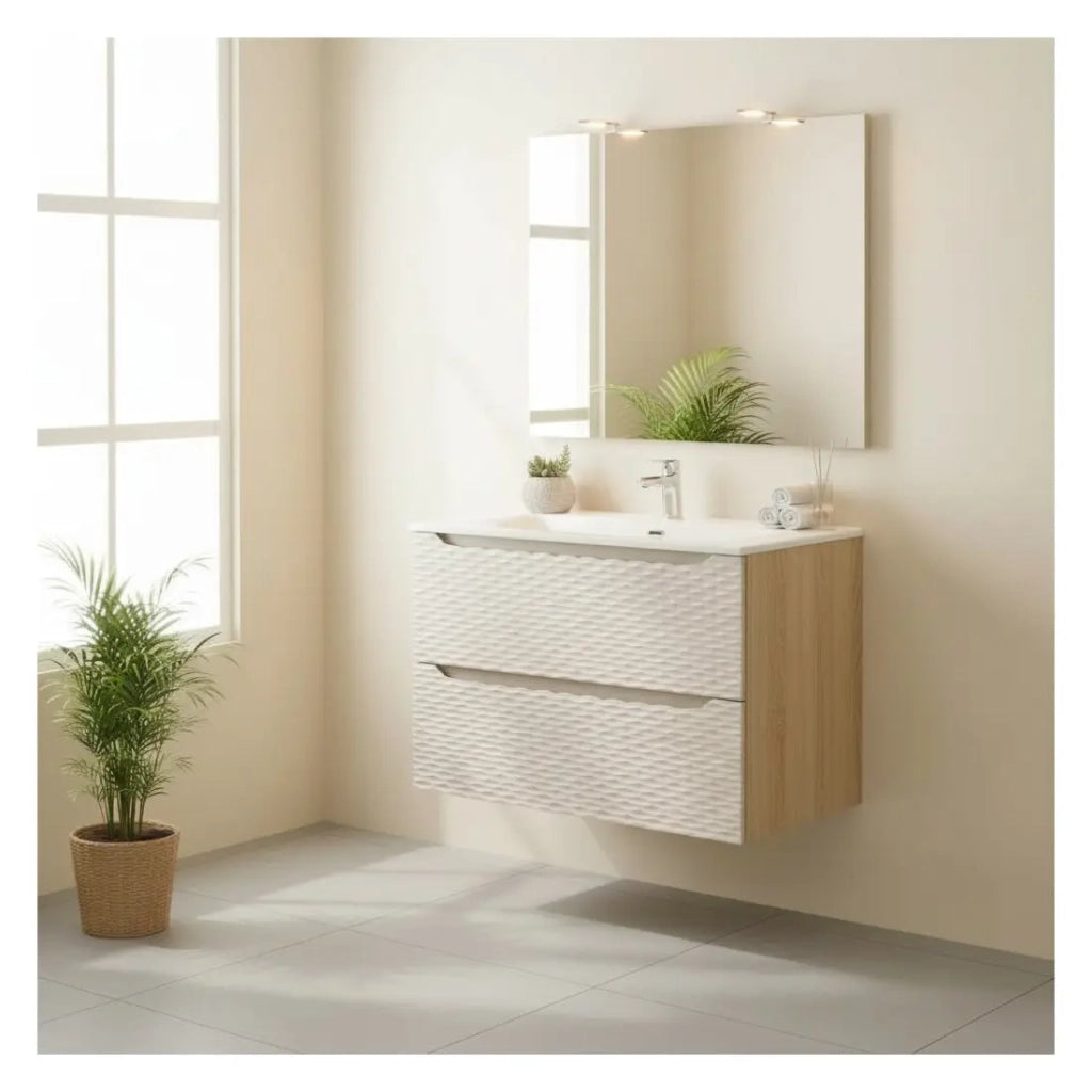 Set da bagno YOKA beige: mobiletto sotto lavabo con cassetti 80 cm + lavabo da incasso
