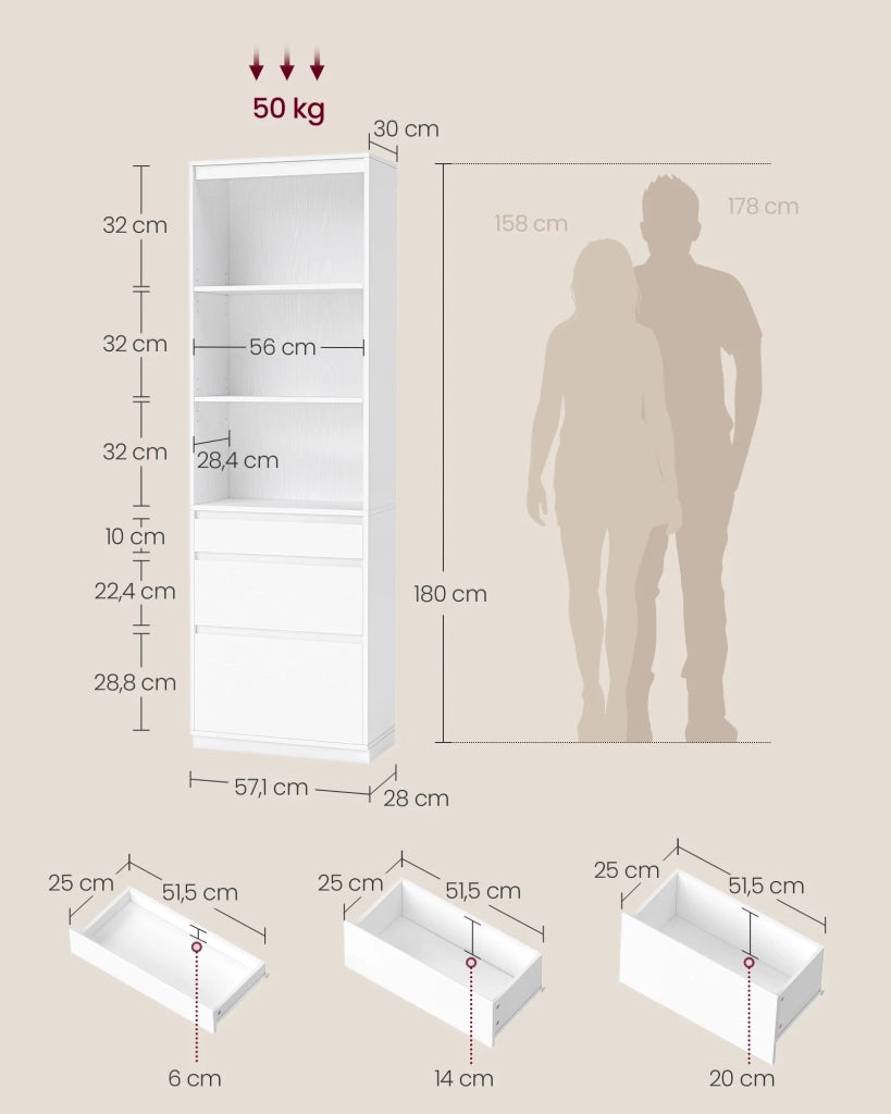 Libreria/credenza alta con 3 cassetti di diverse dimensioni e ripiani regolabili 30 x 57,1 x 180 cm per soggiorno camera da letto o ufficio design moderno salvaspazio bianco 12_0004216