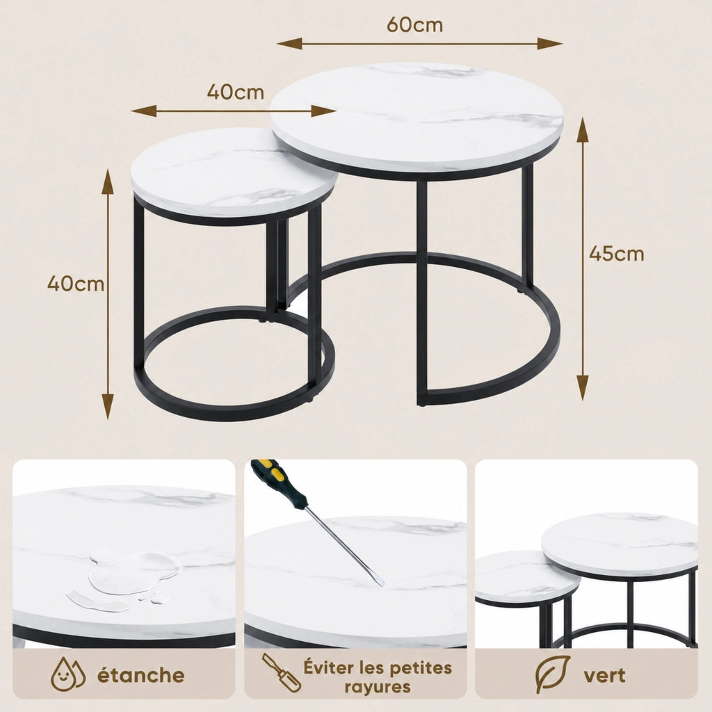 TAVOLO DA SALOTTO ROTONDO SET 2 PEZZI 60x60x45 cm Bianco Ferro e Truciolare
