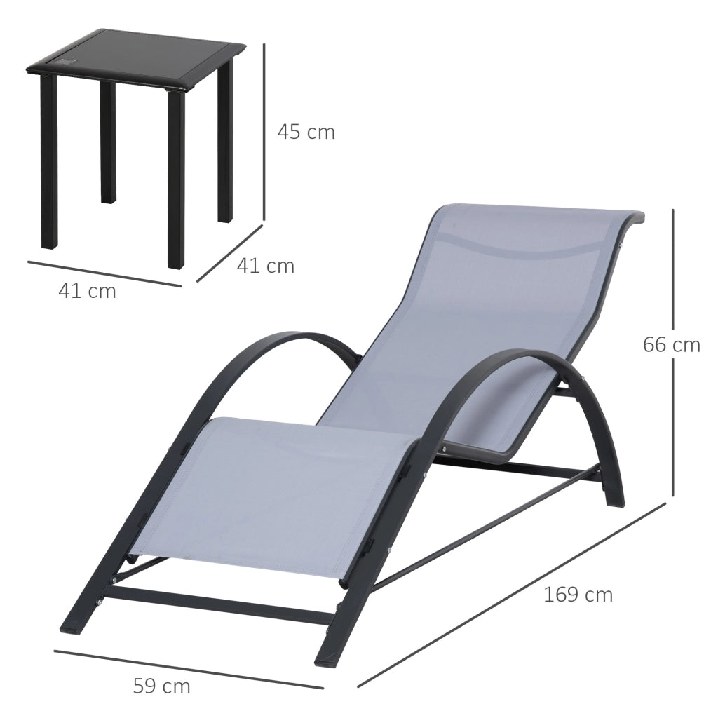 Set di 2 Lettini Prendisole 59x169x66 cm e Tavolino con Piano in Vetro Grigio Chiaro