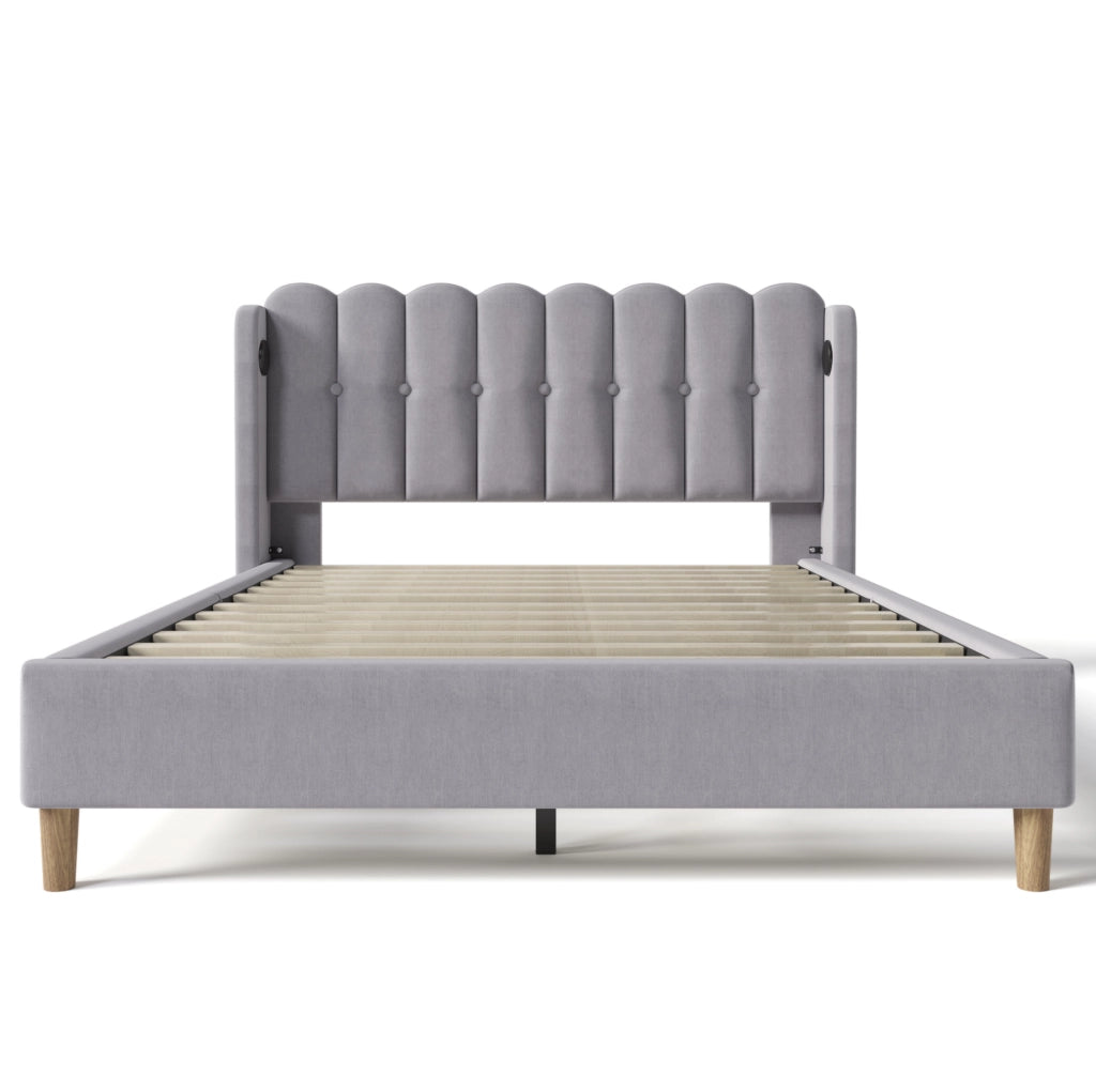 Letto matrimoniale imbottito 160x200 cm in tessuto effetto lino grigio con USB e USB-C