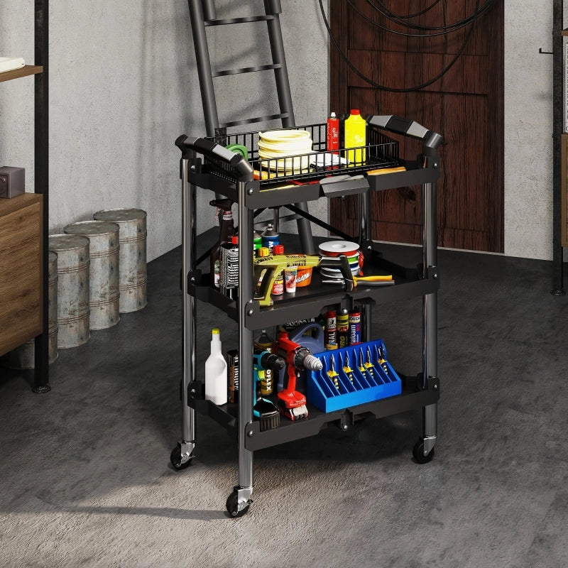 Carrello Portautensili Pieghevole 64x37x84 cm Nero a 3 Livelli con 4 Ruote e Portata 68 kg