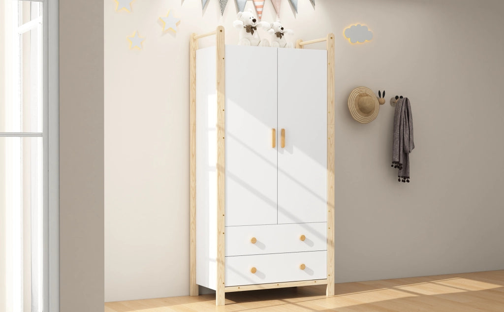 ARMADIO 2 ante con asta appendiabiti e 2 cassetti 90x45x180 cm bianco/pino