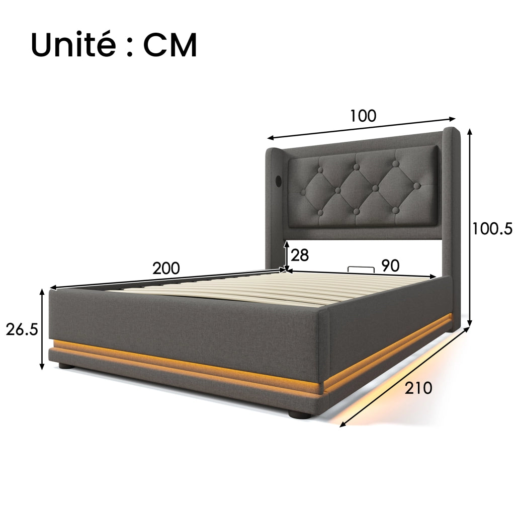Letto Contenitore 140×200 cm; Letto Matrimoniale con USB; LED Regolabile e Mensola; senza Materasso