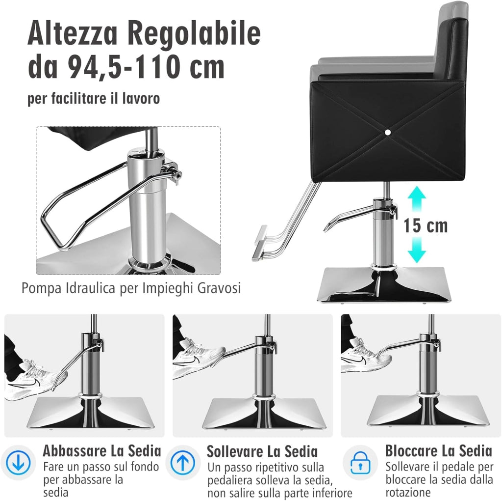 Poltrona da Parrucchiere, Poltrona da Barbiere con Altezza Regolabile, Sedia da Barbiere Girevole a 360°, con Pompa Idraulica Pesante, per Parrucchiere, Portata 150 kg (Nero)