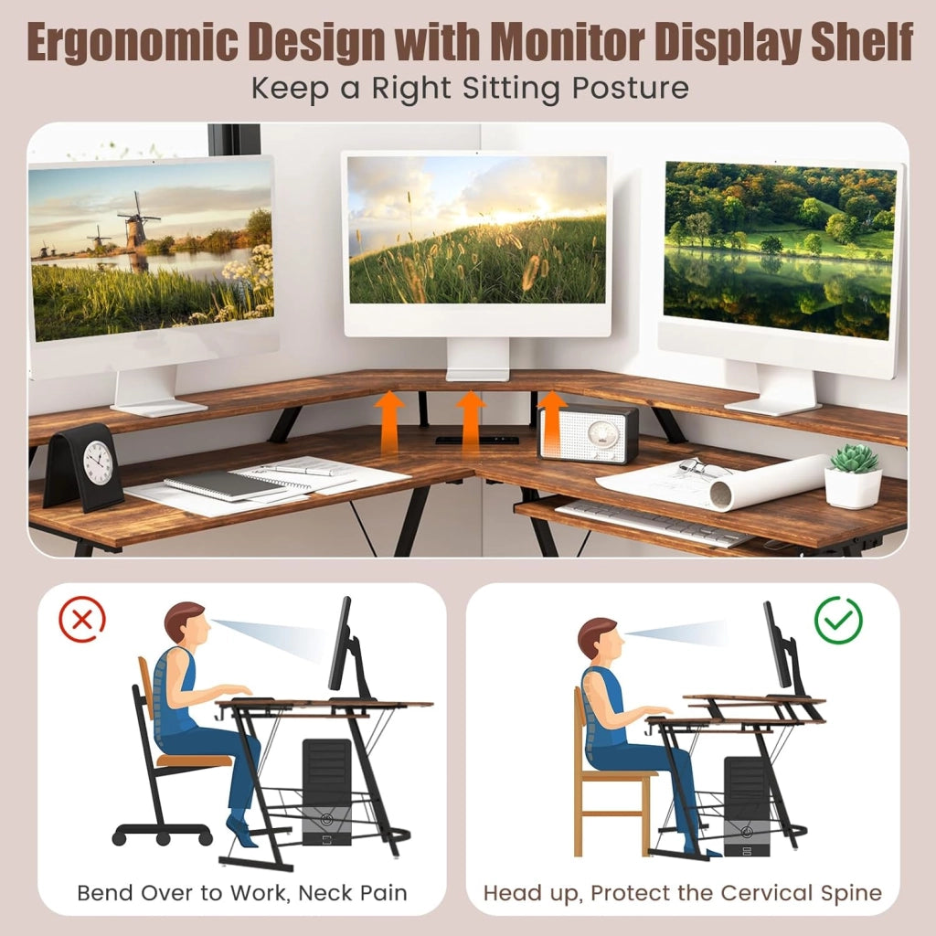 Scrivania angolare per computer a forma di L con 2 prese di corrente, supporto per tastiera, scrivania per computer con 2 porte USB, 130 x 130 x 86 cm (marrone)