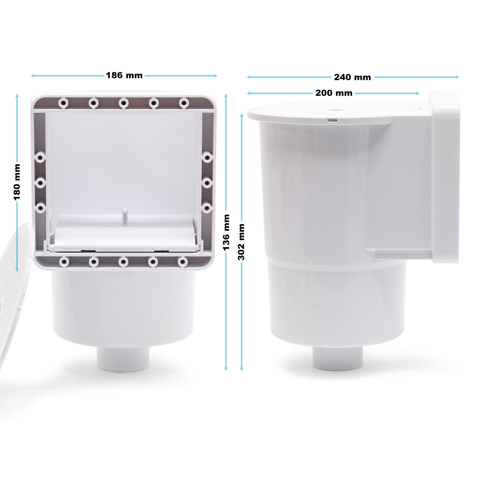 Set skimmer fisso con bocchetta d'aspirazione per piscine con cestello di raccolta