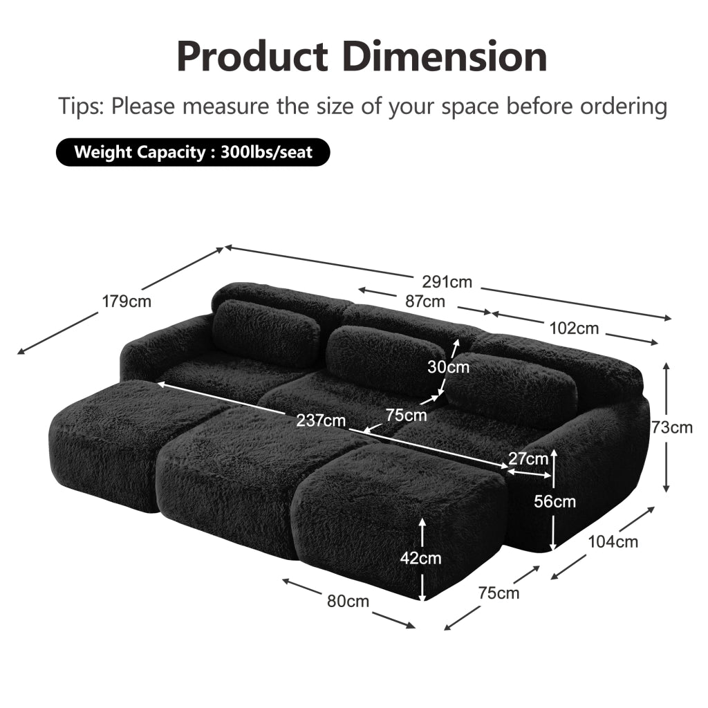 Divano Modulare 3 Posti con 3 Pouf; Senza Montaggio; Seduta Ampia Comfort Nuvola; in Peluche Nero
