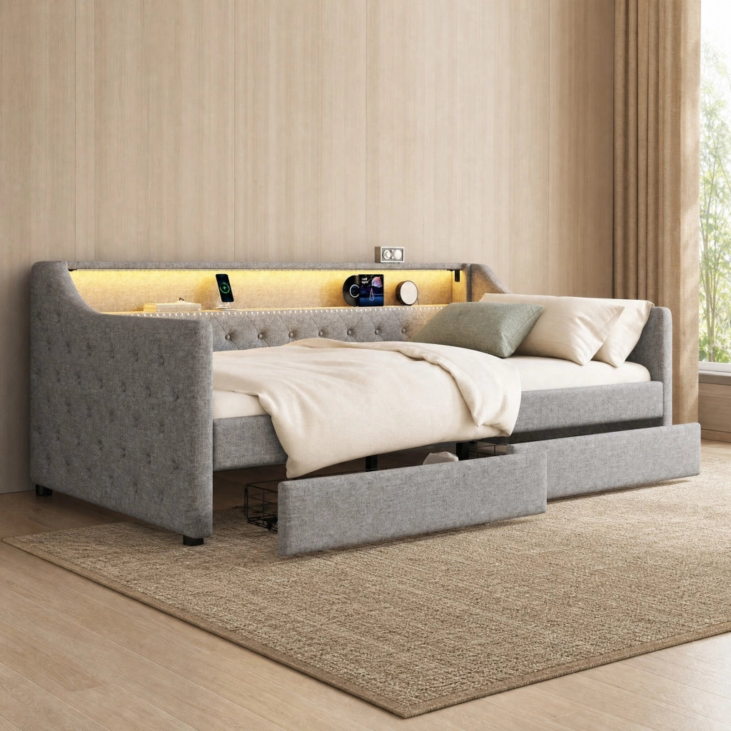 Letto daybed 90 x 200 cm con luce LED, due cassetti e porta USB