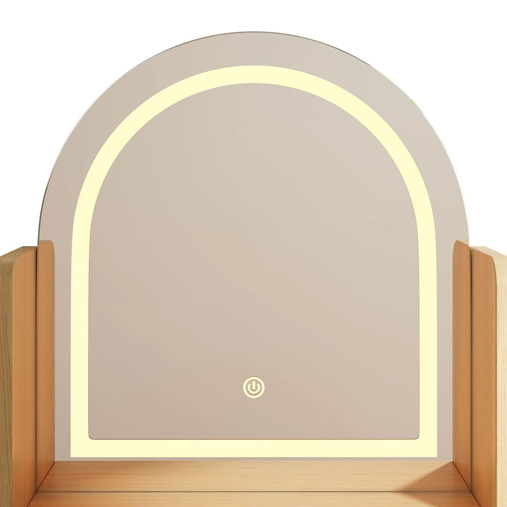 Toeletta, specchio con illuminazione a LED, 3 cassetti, 2 ante in vetro, ripiano, colore legno naturale