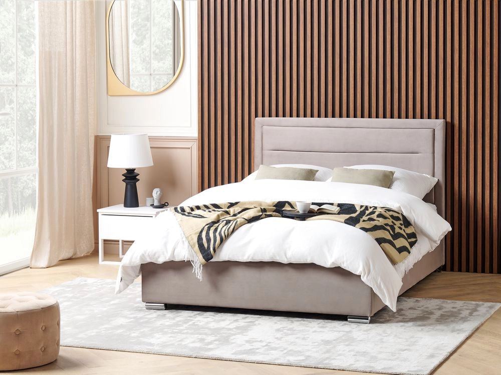 Letto matrimoniale in velluto con contenitore tortora 140 x 200 cm design moderno imbottito con testiera ottomana