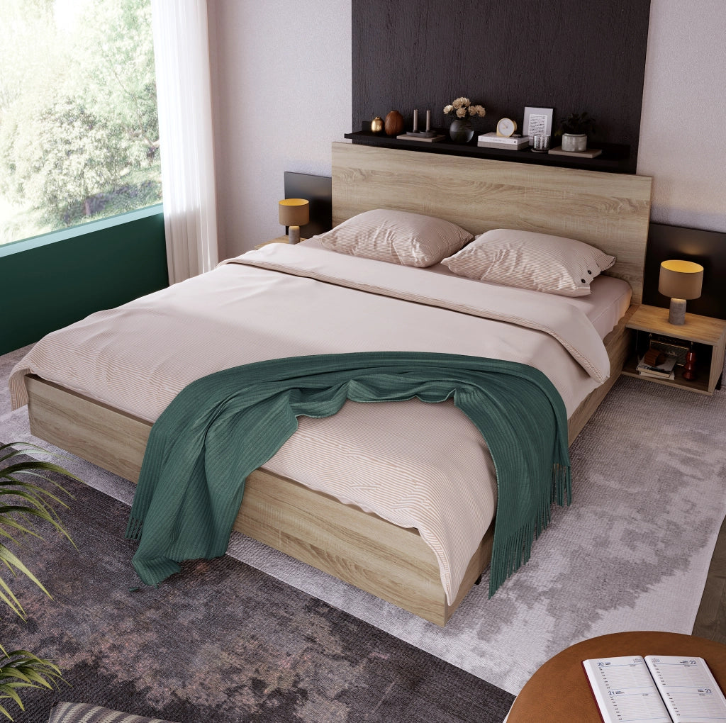 Letto matrimoniale 160x200 cm con 2 comodini; legno; Sonoma e grigio scuro