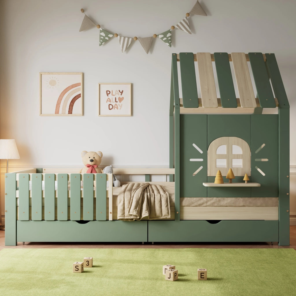 LETTO A CASetta 90x200 cm Verde e Naturale con 2 Cassetti