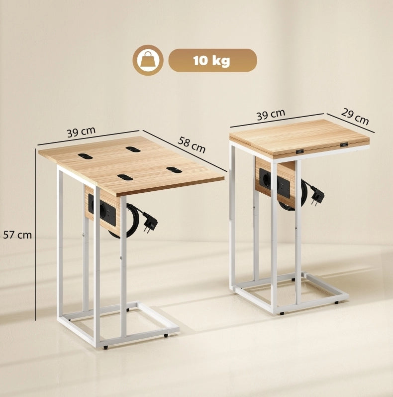 Tavolino a C pieghevole con ricarica USB, bianco e legno