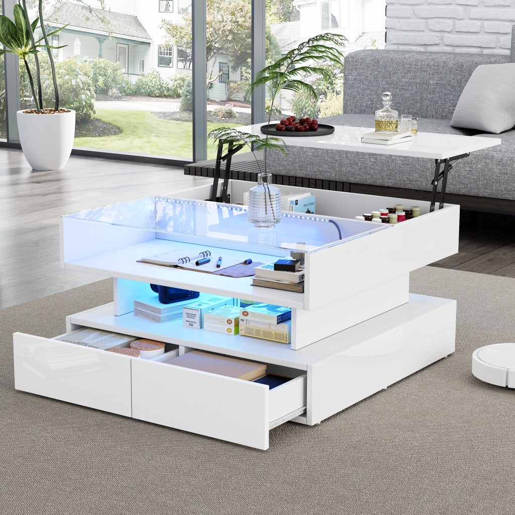 Tavolino da caffè 80x80x45 cm; sollevabile con LED e 2 cassetti; pannello truciolare e vetro temperato bianco