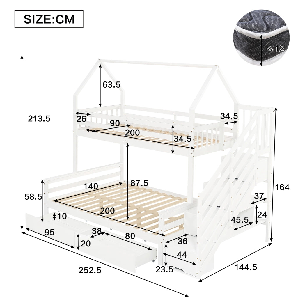 Letto a castello per bambini con scala contenitore, due cassetti su ruote e design con tetto, bianco, 90x200 cm e 140x200 cm