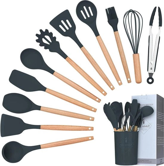 Set di accessori per cottura in silicone - Maniglie in legno naturale - 12 pezzi - Grigio