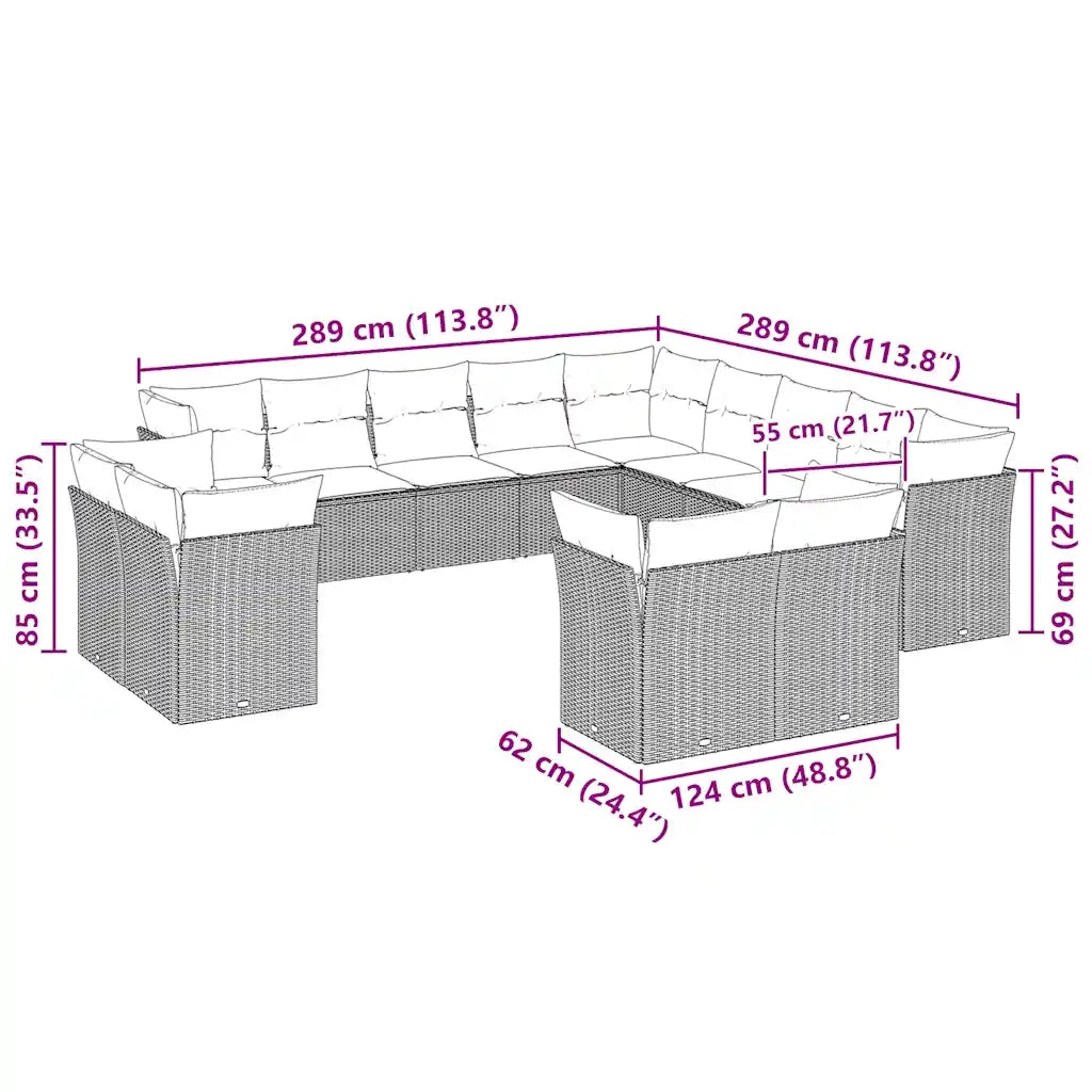 Set Divani Giardino 13 pz con Cuscini Grigio Chiaro Polyrattan