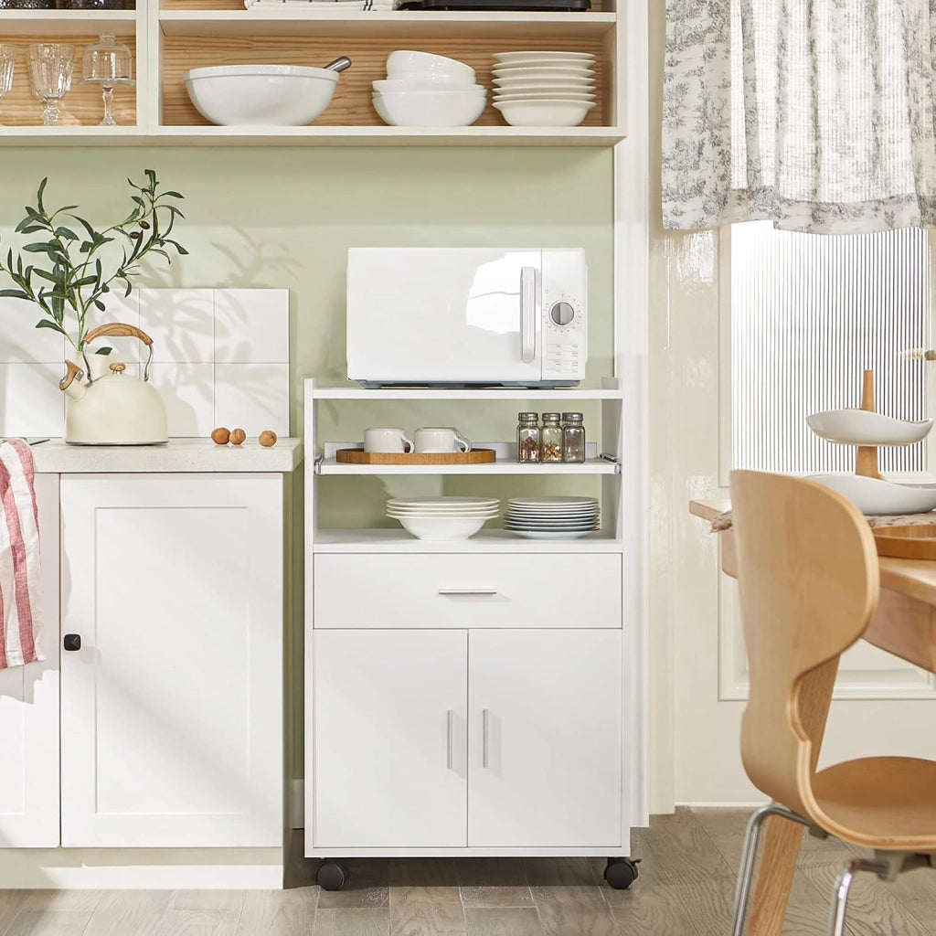 Carrello Cucina con Ruote, Mobile Microonde con Piano Estraibile e Cassetto, Mobile Cucina Salvaspazio per Piccoli Ambienti, Cucina, Coffee Station e Soggiorno, Bianco 59×40×92 cm FSB09-W