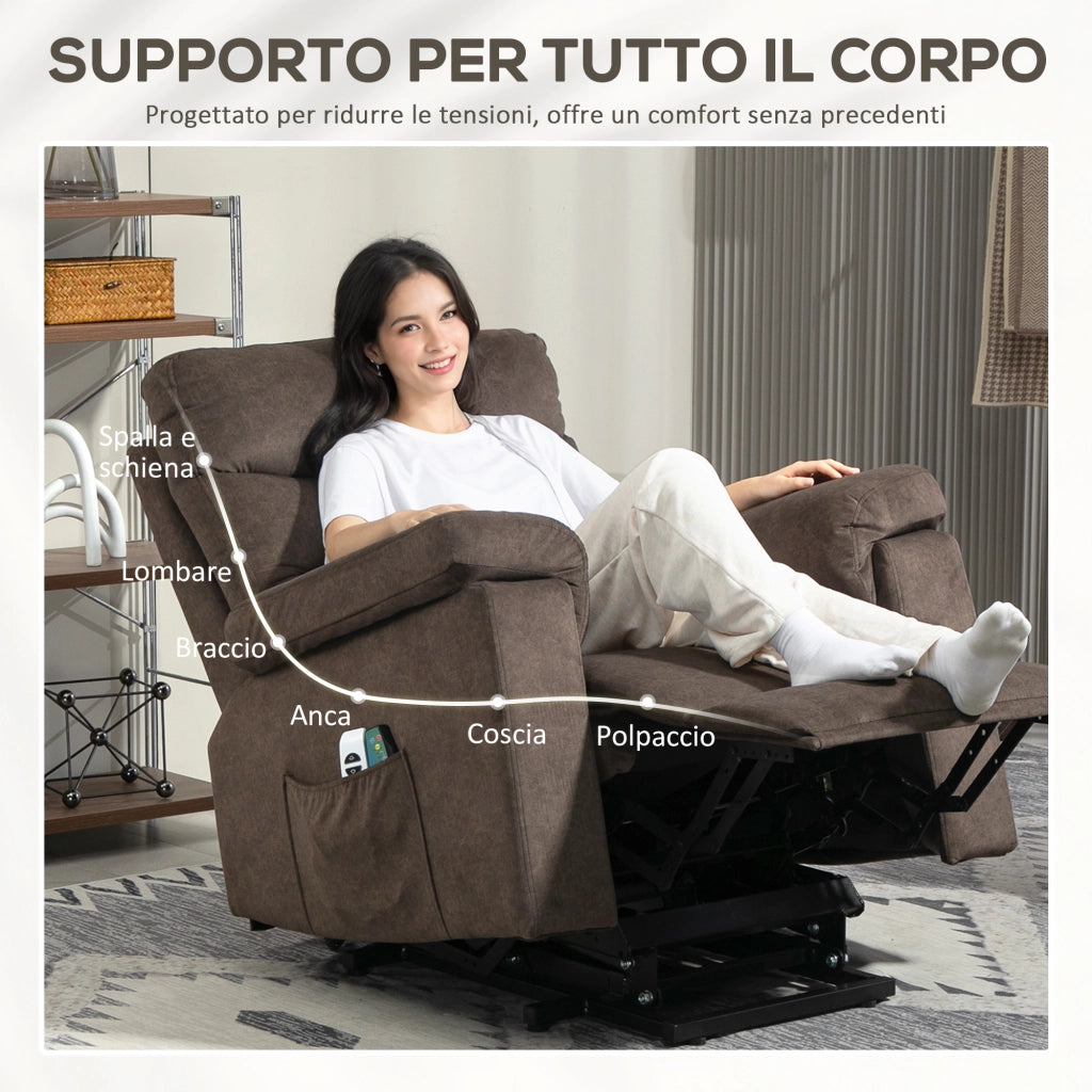 Poltrona Alzapersona Reclinabile Massaggiante e Riscaldante 93x101x102 cm in Tessuto Effetto Velluto Marrone Scuro